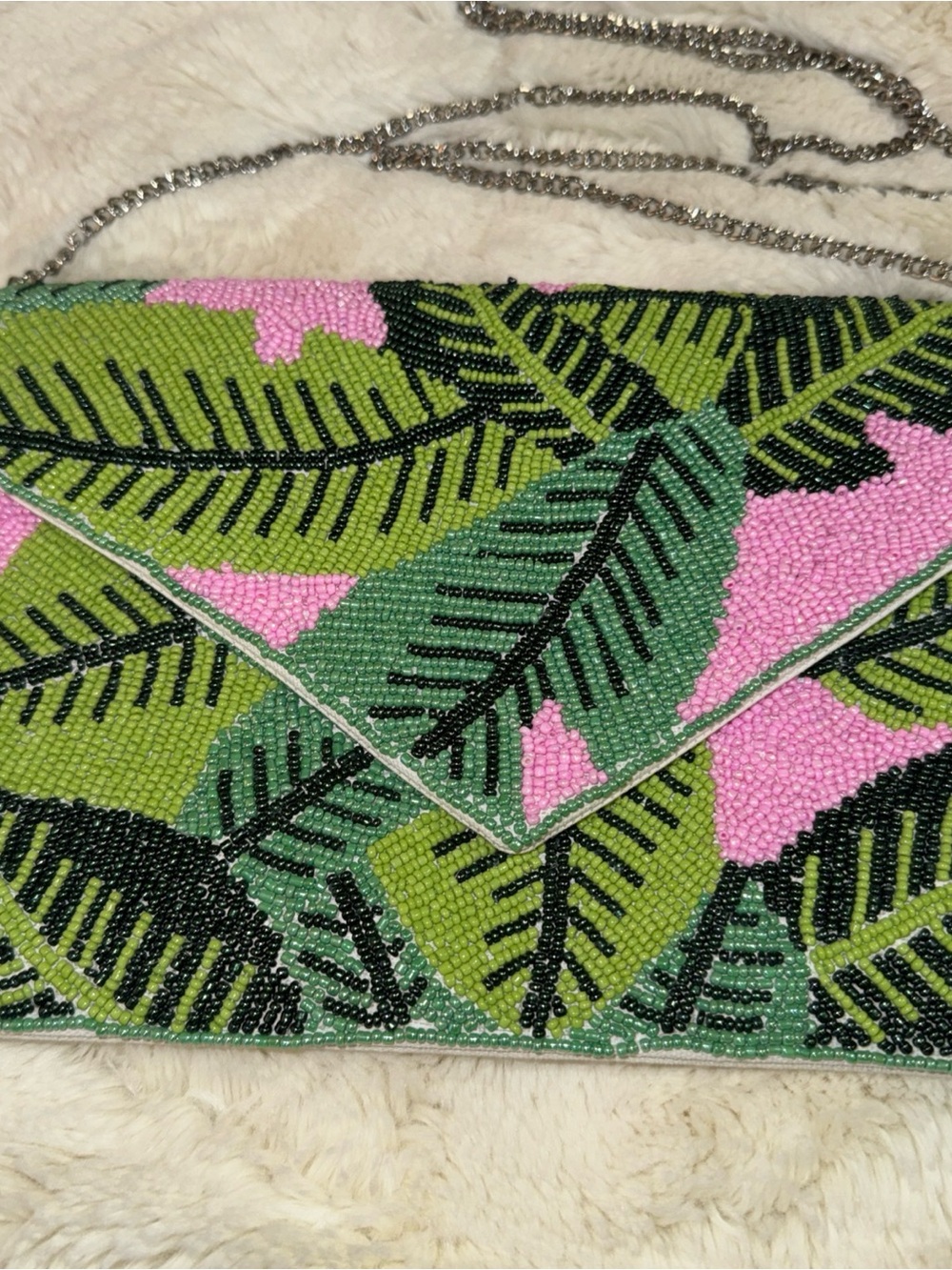 Green & Pink Beaded Leaf Envelope Clutch with Chain